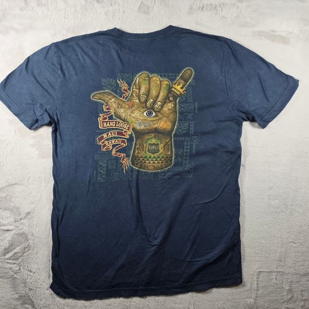 Blue 84 T Shirt Mens XL Navy Blue‎ Maui Hawaii Hang Loose Shaka Tattoo Graphic